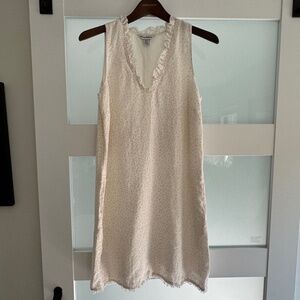 Tommy Bahama Two Palms Ruffled Shift Linen Dress.  Cream, printed.  Size S/P.